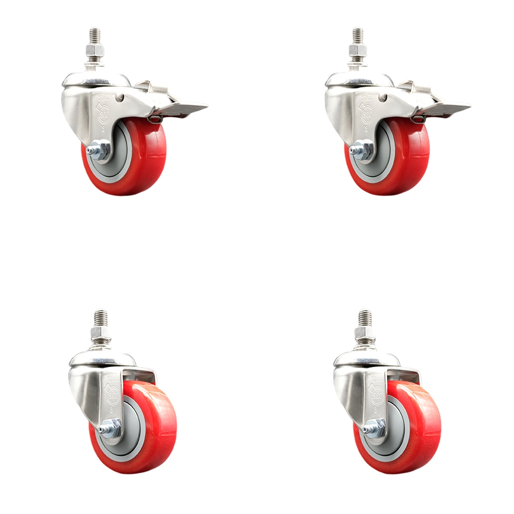 Poly Swivel Stem Caster with 3.5 in. Red Caster Wheels, 12 mm Threaded Stem - 316 Stainless Steel Caster - Set of 4