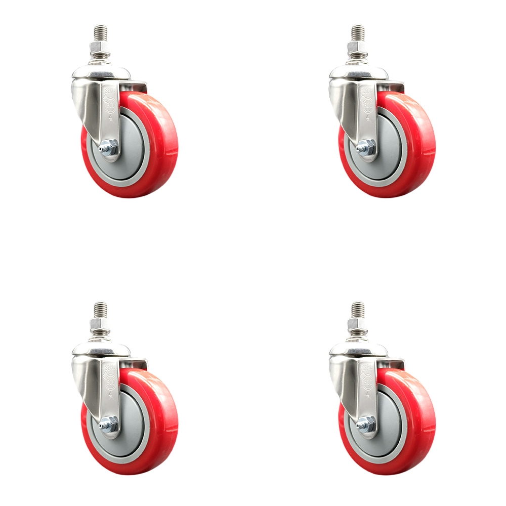 Polyurethane Swivel Stem Caster with 4 in. Red Caster Wheels, 12 mm Threaded Stems - 316 Stainless Steel Casters - Set of 4