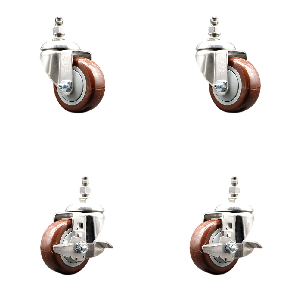 Poly Swivel Stem Caster with 3 in. Maroon Caster Wheels, 0.5 in. Threaded Stems - 316 Stainless Steel Casters - Set of 4