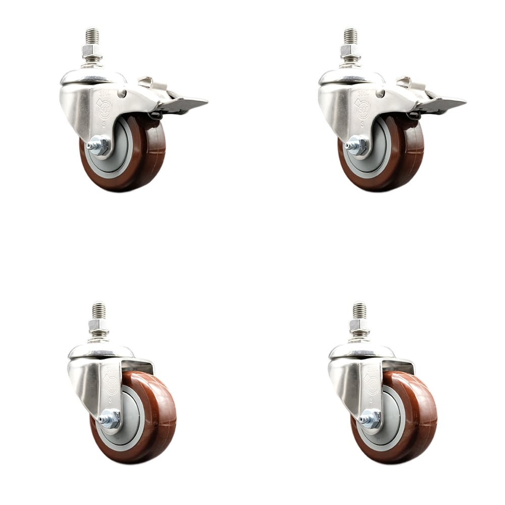 Poly Swivel Stem Caster with 3 in. Maroon Caster Wheels, 0.5 in. Threaded Stems - 316 Stainless Steel Casters - Set of 4