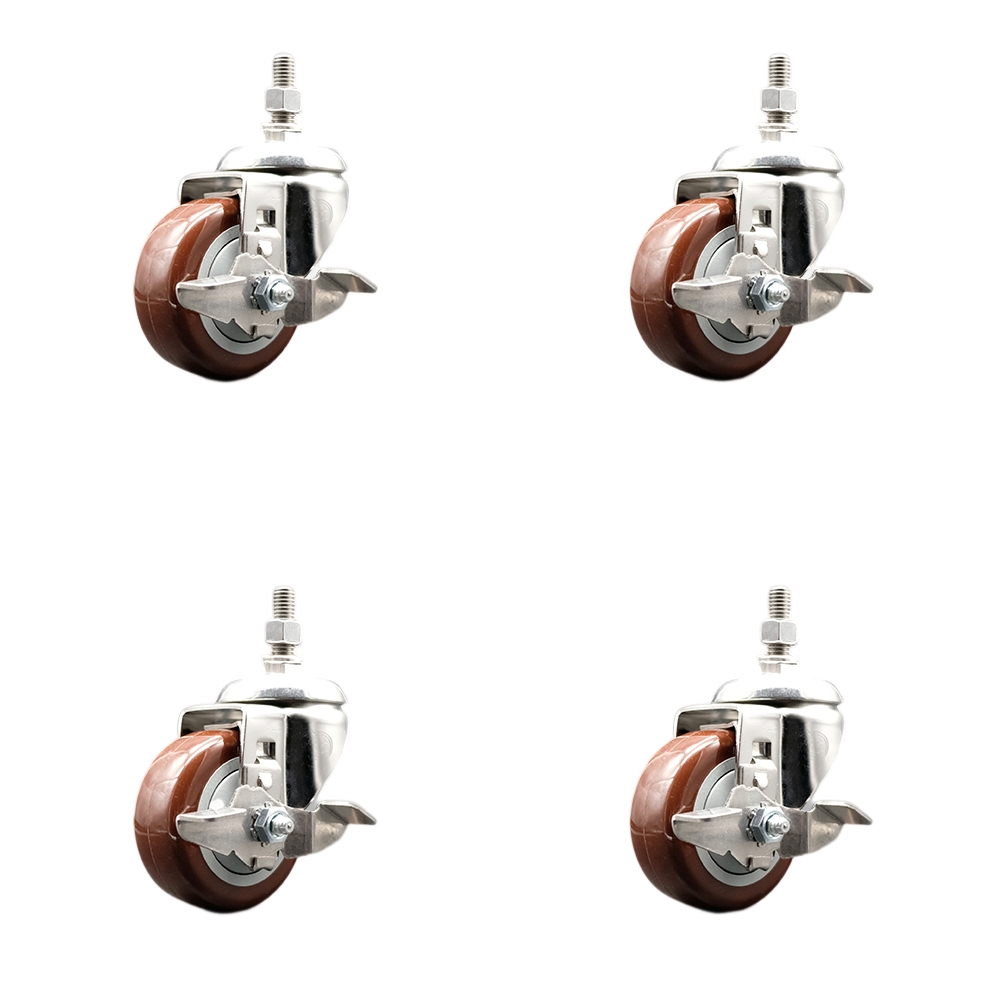 Polyurethane Swivel Stem Caster with 3.5 in. Maroon Caster Wheels, 0.5 in. Threaded Stems - 316 Stainless Steel Casters - Set of 4