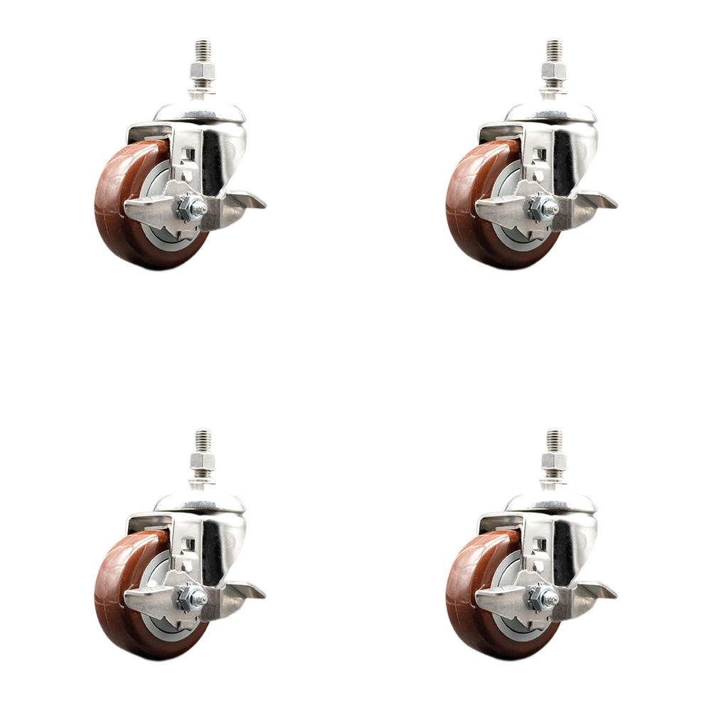 Polyurethane Swivel Stem Caster with 3.5 in. Maroon Caster Wheels, 0.38 in. Threaded Stems - 316 Stainless Steel Casters - Set of 4