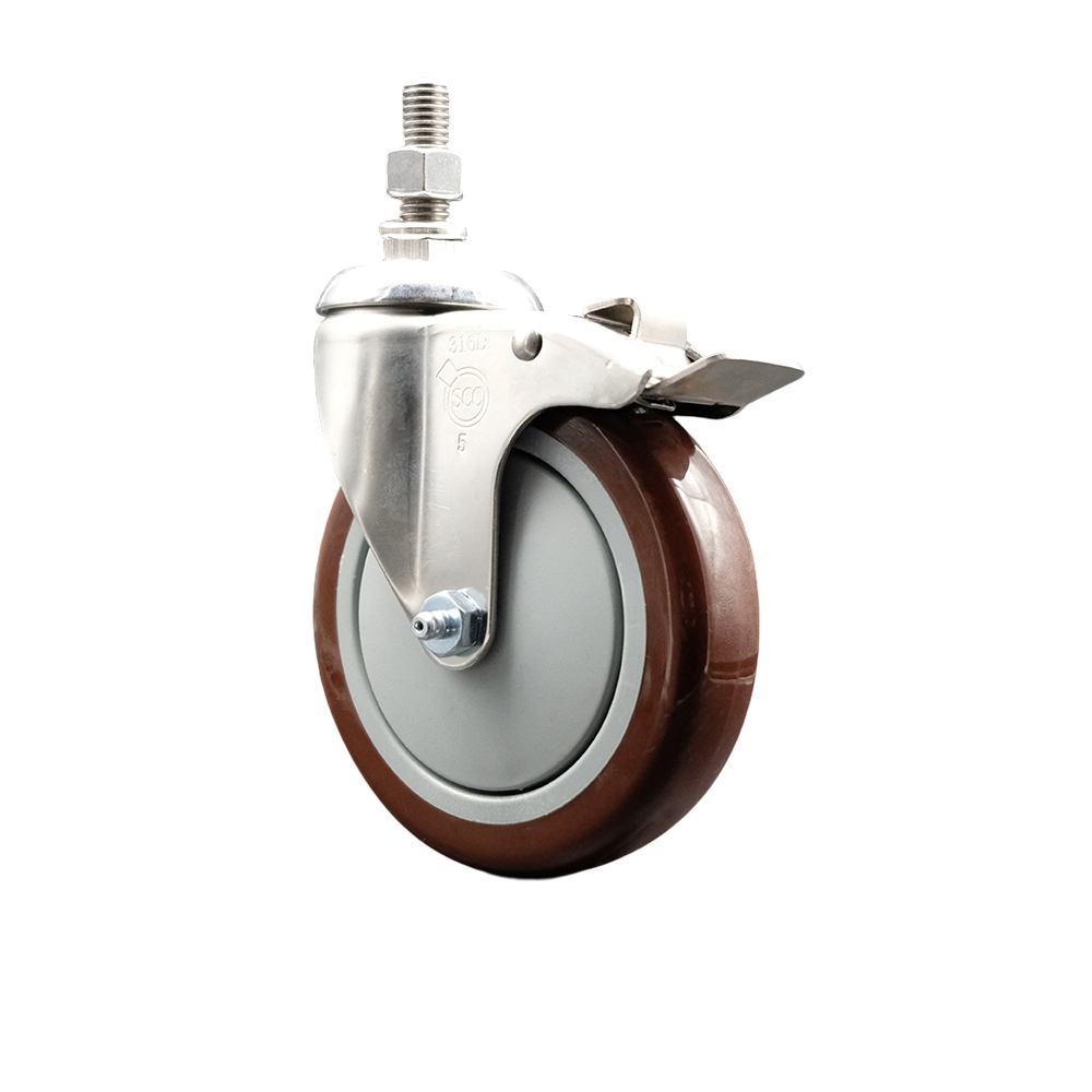 Polyurethane Swivel Stem Caster with 5 in. Maroon Caster Wheels & Total Lock Brake, 0.38 in. Threaded Stem - 316 Stainless Steel Caster