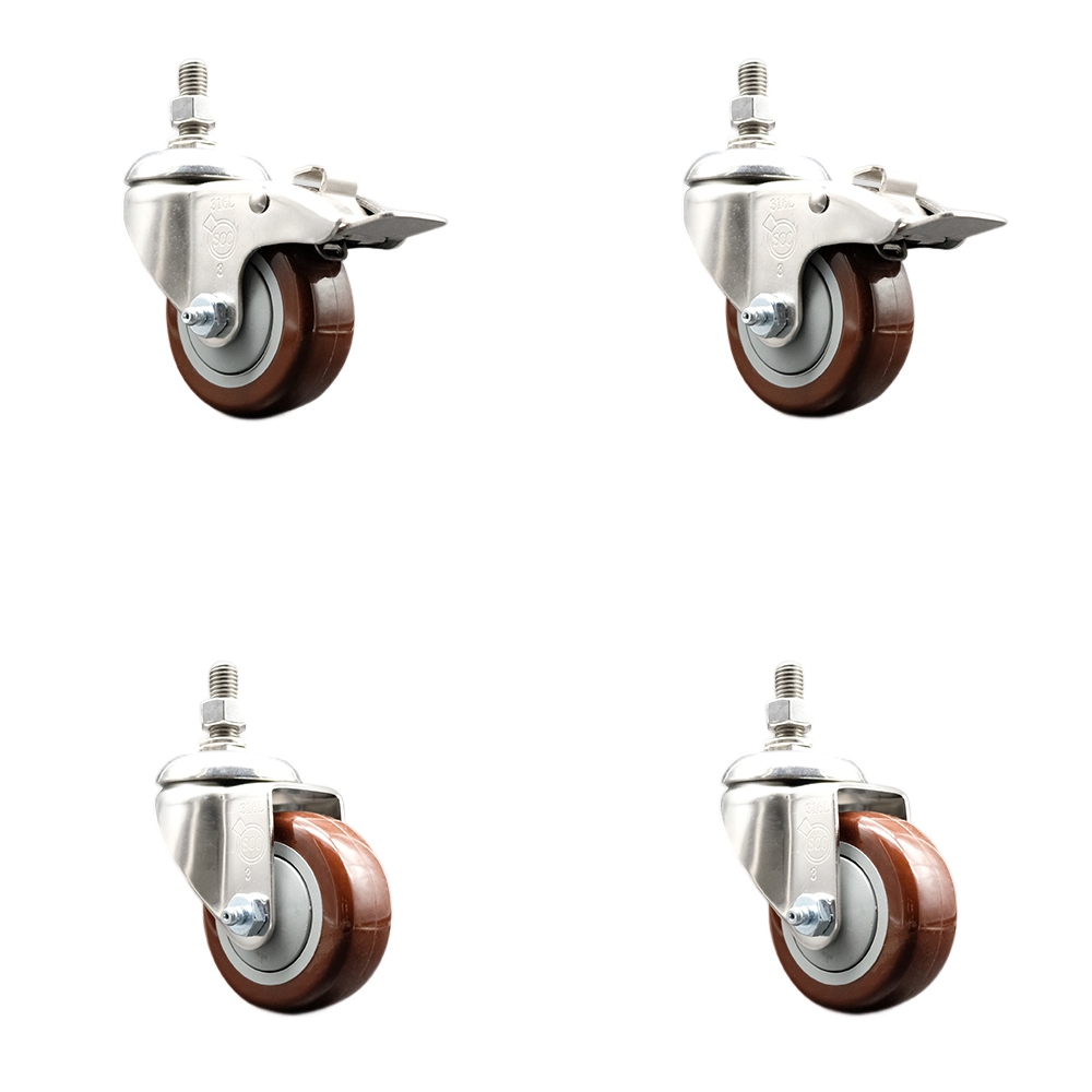 Poly Swivel Stem Caster with 3.5 in. Maroon Caster Wheels, 10 mm Threaded Stems - 316 Stainless Steel Casters - Set of 4