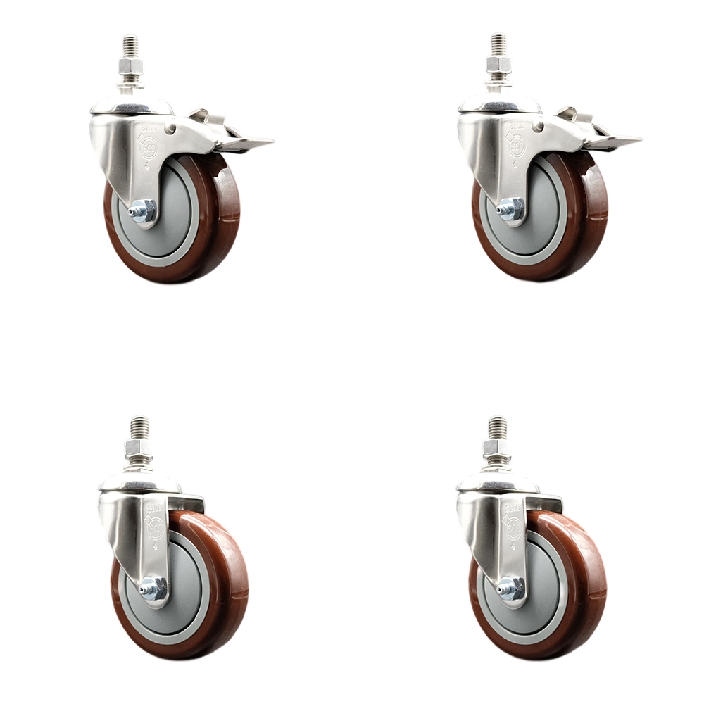 Poly Swivel Stem Caster with 4 in. Maroon Caster Wheels, 10 mm Threaded Stems - 316 Stainless Steel Caster - Set of 4