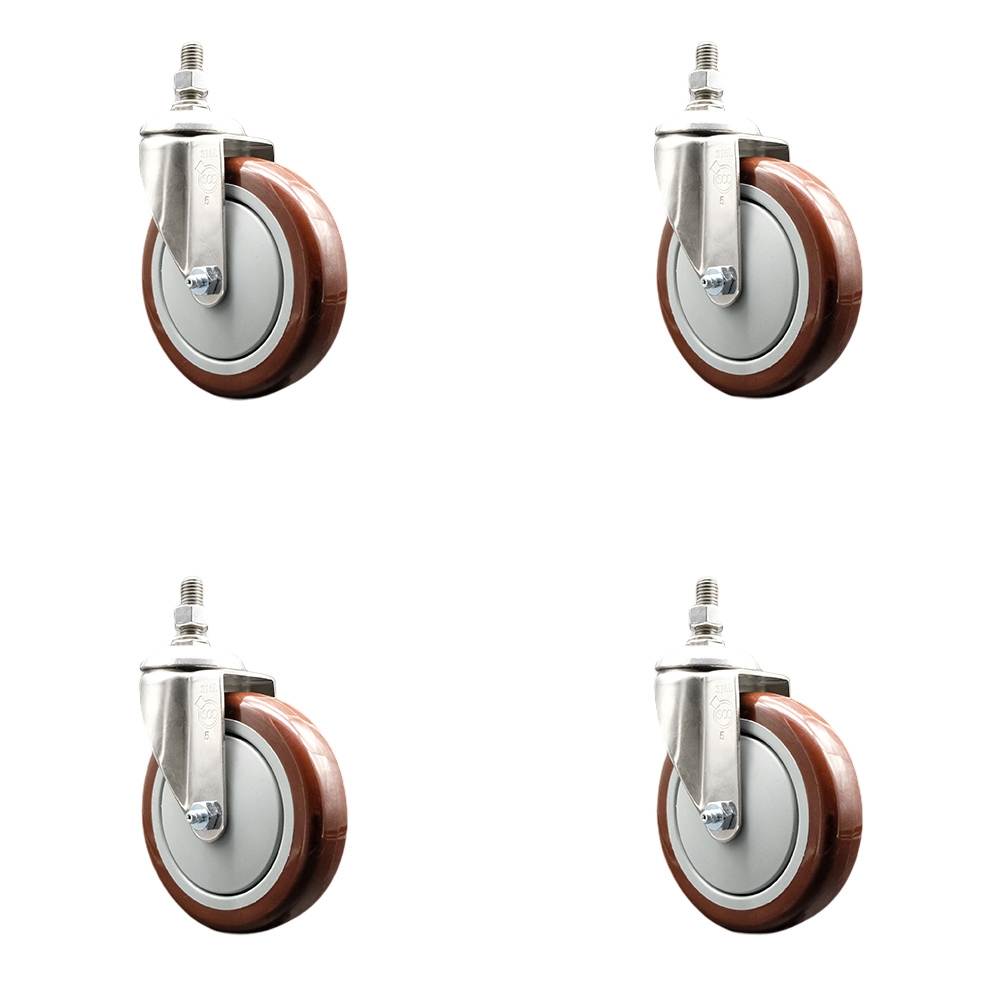 Polyurethane Swivel Stem Caster with 5 in. Maroon Caster Wheels, 10 mm Threaded Stems - 316 Stainless Steel Casters - Set of 4