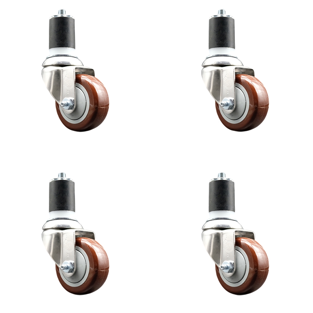 Polyurethane Swivel Stem Caster with 3.5 in. Maroon Caster Wheels, 1.87 in. Expanding Stems - 316 Stainless Steel Casters - Set of 4