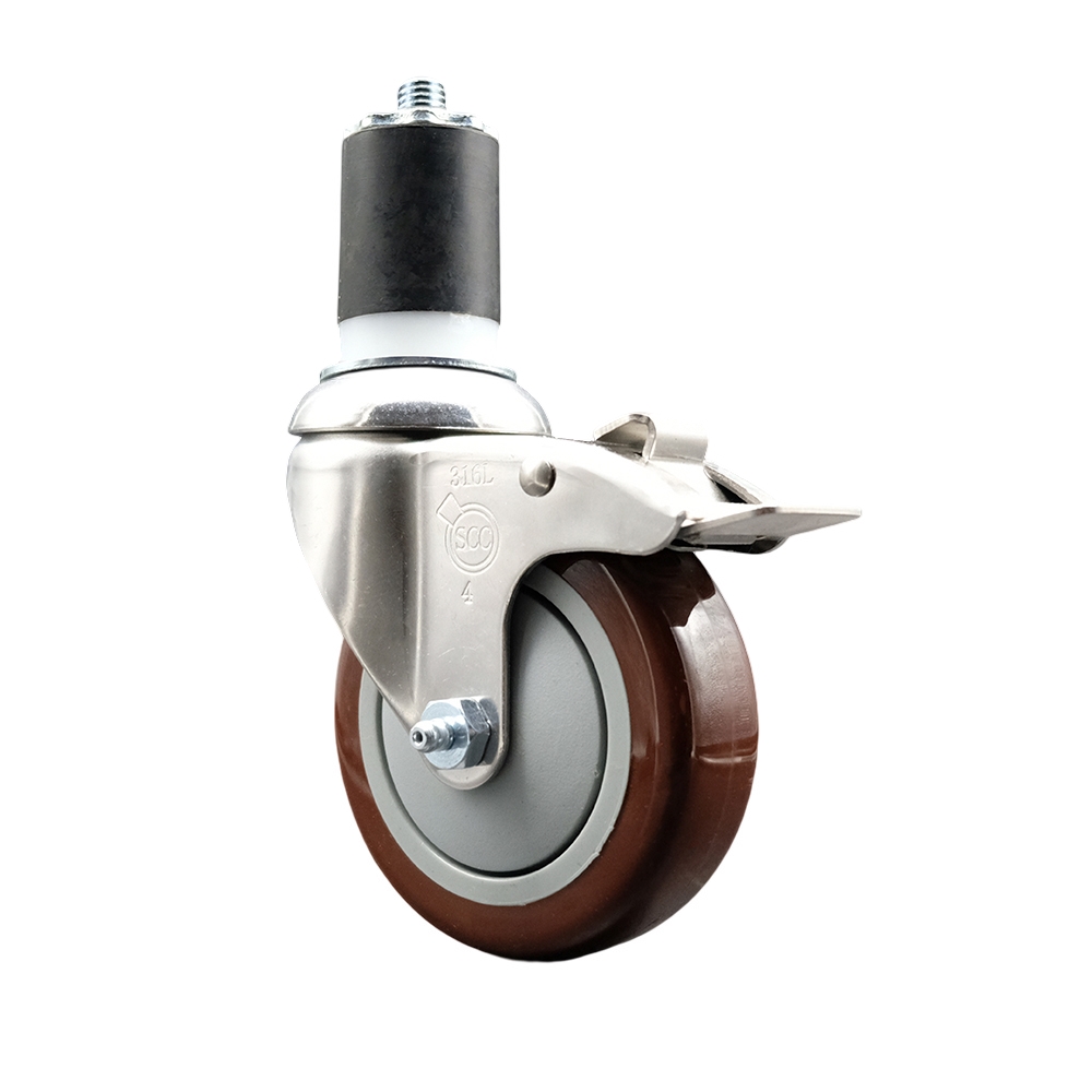 Polyurethane Swivel Stem Caster with 4 in. Maroon Caster Wheels & Total Lock Brake, 1.87 in. Expanding Stem - 316 Stainless Steel Caster