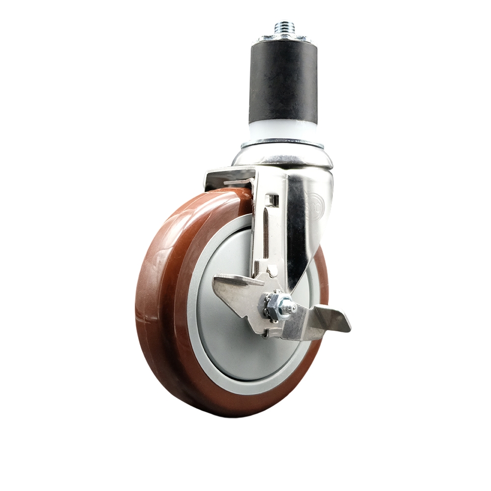Polyurethane Swivel Stem Caster with 5 in. Maroon Caster Wheels & Top Lock Brake, 1.87 in. Expanding Stem - 316 Stainless Steel Caster