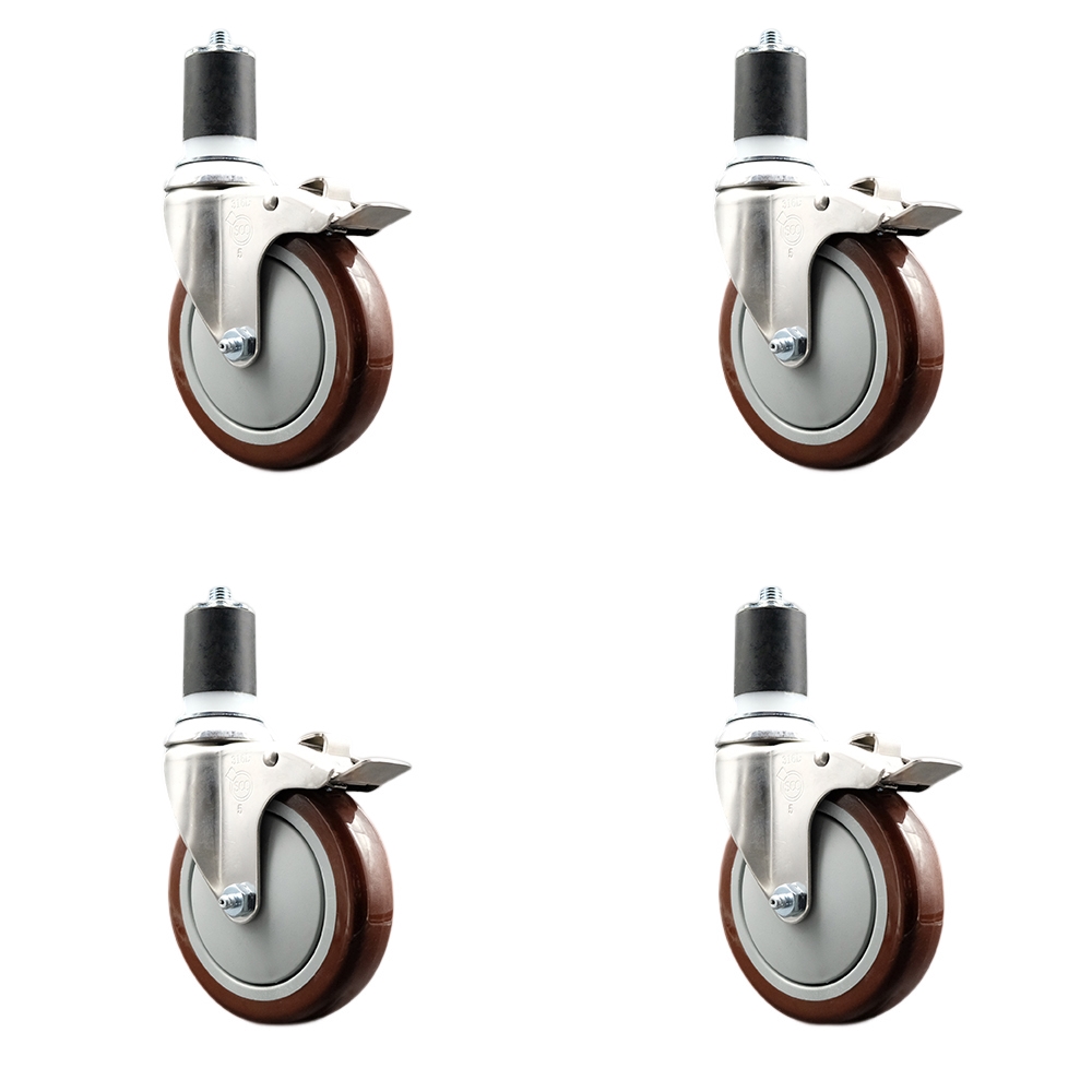 Polyurethane Swivel Stem Caster with 5 in. Maroon Caster Wheels, 1.87 in. Expanding Stems - 316 Stainless Steel Casters - Set of 4