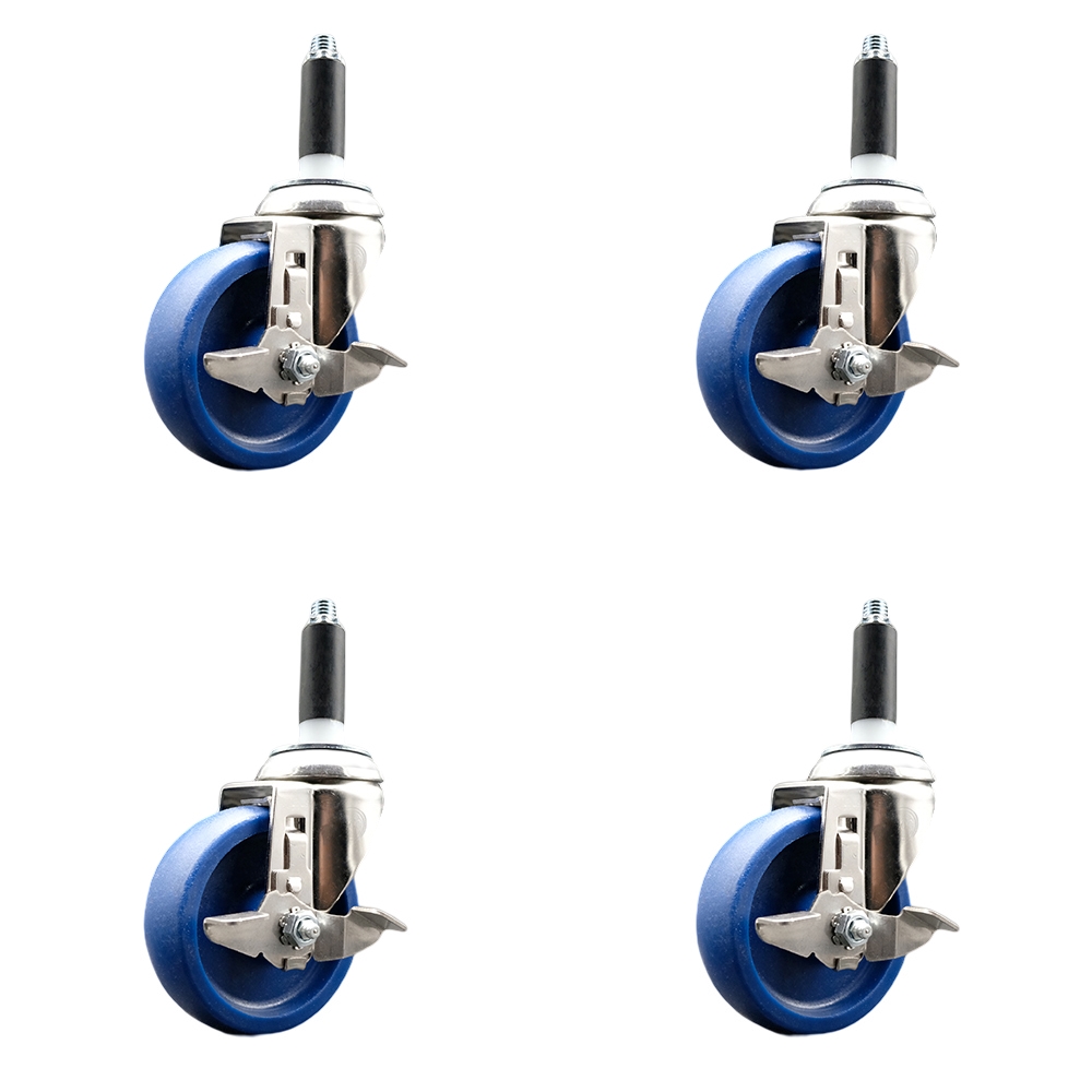 Solid Polyurethane Swivel Stem Caster with 4 in. Blue Caster Wheels, 0.75 in. Expanding Stems - 316 Stainless Steel Casters - Set of 4