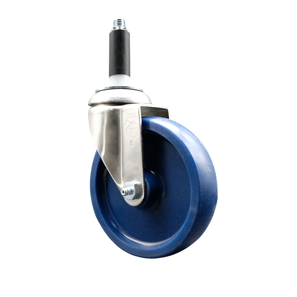 Solid Polyurethane Swivel Stem Caster with 5 in. Blue Caster Wheels, 0.75 in. Expanding Stem - 316 Stainless Steel Caster