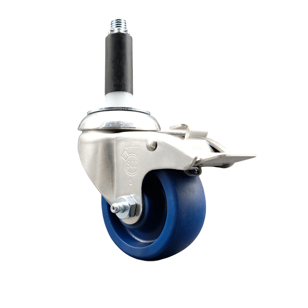 Solid Polyurethane Swivel Stem Caster with 3.5 in. Blue Caster Wheels & Total Lock Brake, 0.87 in. Expanding Stem - 316 Stainless Steel Caster