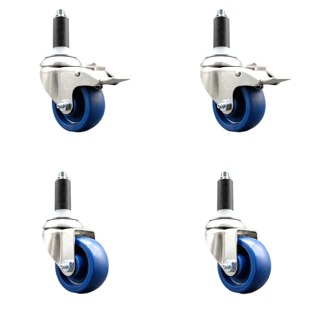Solid Poly Swivel Stem Caster with 3 in. Blue Caster Wheels, 1 in. Expanding Stem - 316 Stainless Steel Casters - Set of 4