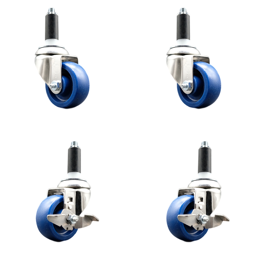 Solid Poly Swivel Stem Caster with 3.5 in. Blue Caster Wheels, 1.13 in. Expanding Stems - 316 Stainless Steel Casters - Set of 4
