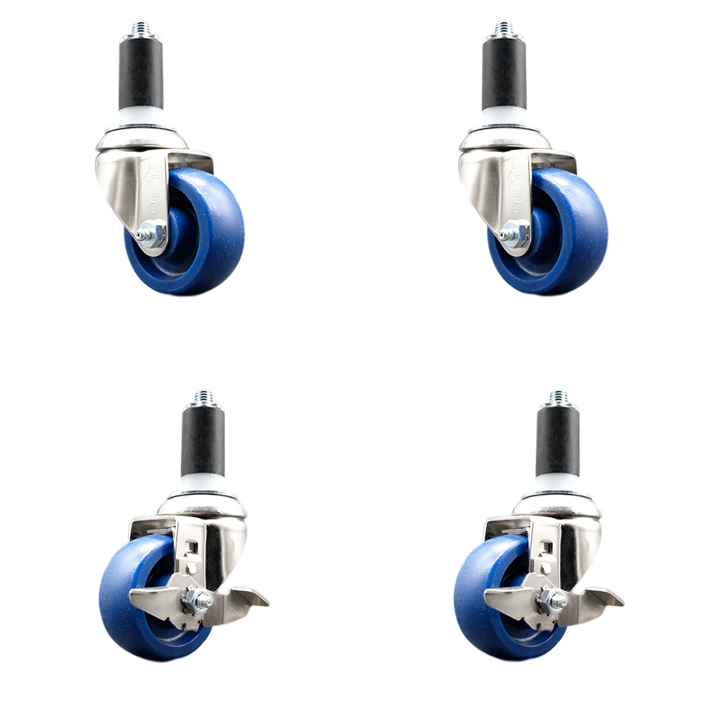 Solid Poly Swivel Stem Caster with 3 in. Blue Caster Wheels, 1.25 in. Expanding Stems - 316 Stainless Steel Casters - Set of 4