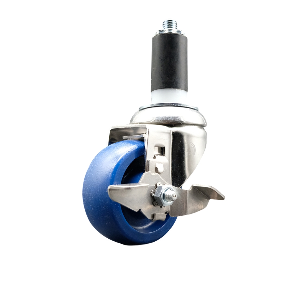 Solid Polyurethane Swivel Stem Caster with 3.5 in. Blue Caster Wheels & Top Lock Brake, 1.25 in. Expanding Stem - 316 Stainless Steel Caster