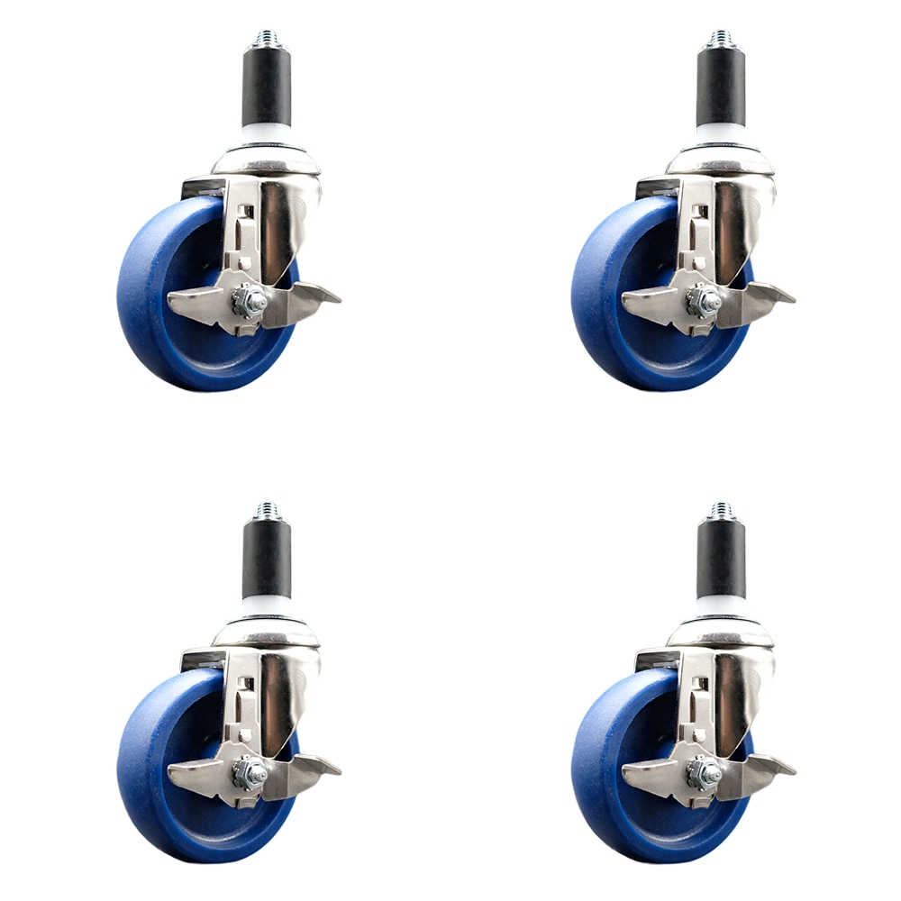 Solid Polyurethane Swivel Stem Caster with 4 in. Blue Caster Wheels, 1.25 in. Expanding Stems - 316 Stainless Steel Casters - Set of 4