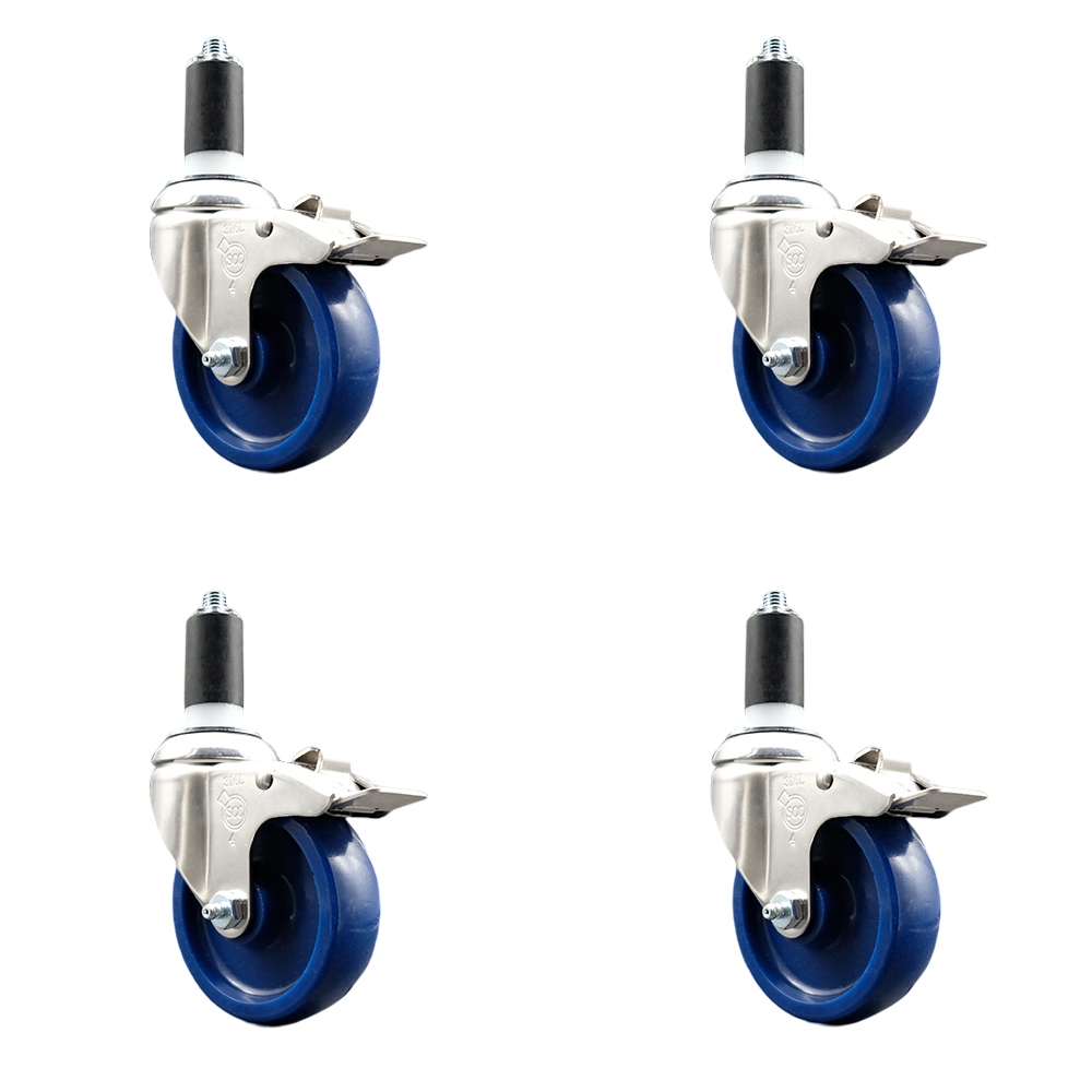 Solid Polyurethane Swivel Stem Caster with 4 in. Blue Caster Wheels, 1.25 in. Expanding Stems - 316 Stainless Steel Casters - Set of 4