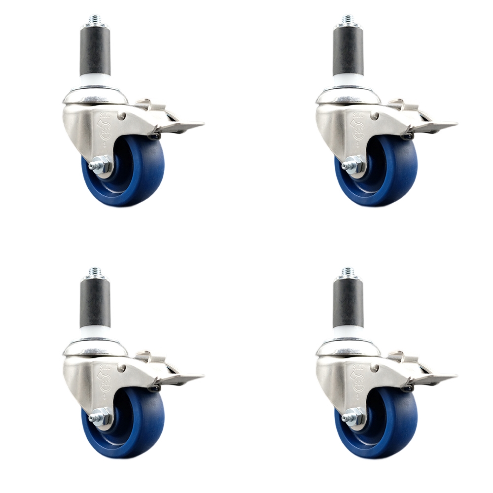 Solid Polyurethane Swivel Stem Caster with 3.5 in. Blue Caster Wheels, 1.38 in. Expanding Stems - 316 Stainless Steel Casters - Set of 4