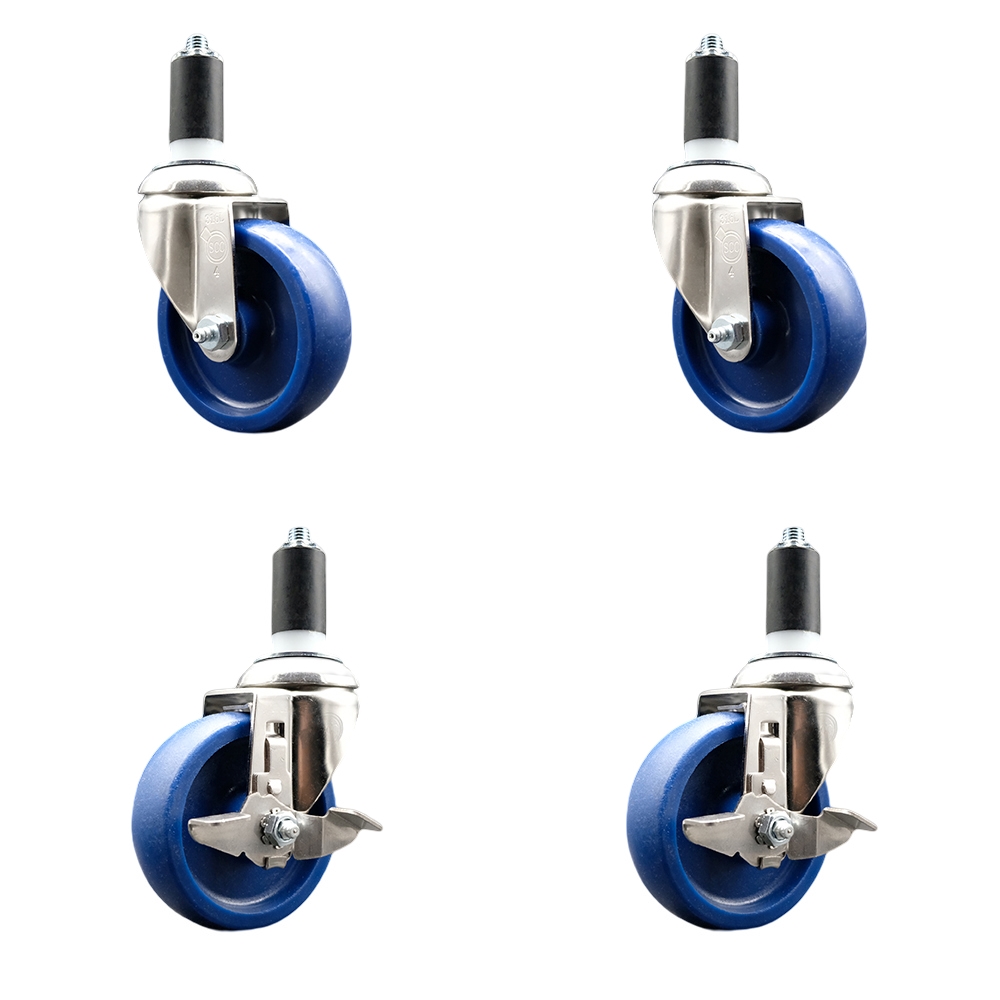 Solid Poly Swivel Stem Caster with 4 in. Blue Caster Wheels, 1.38 in. Expanding Stems - 316 Stainless Steel Casters - Set of 4