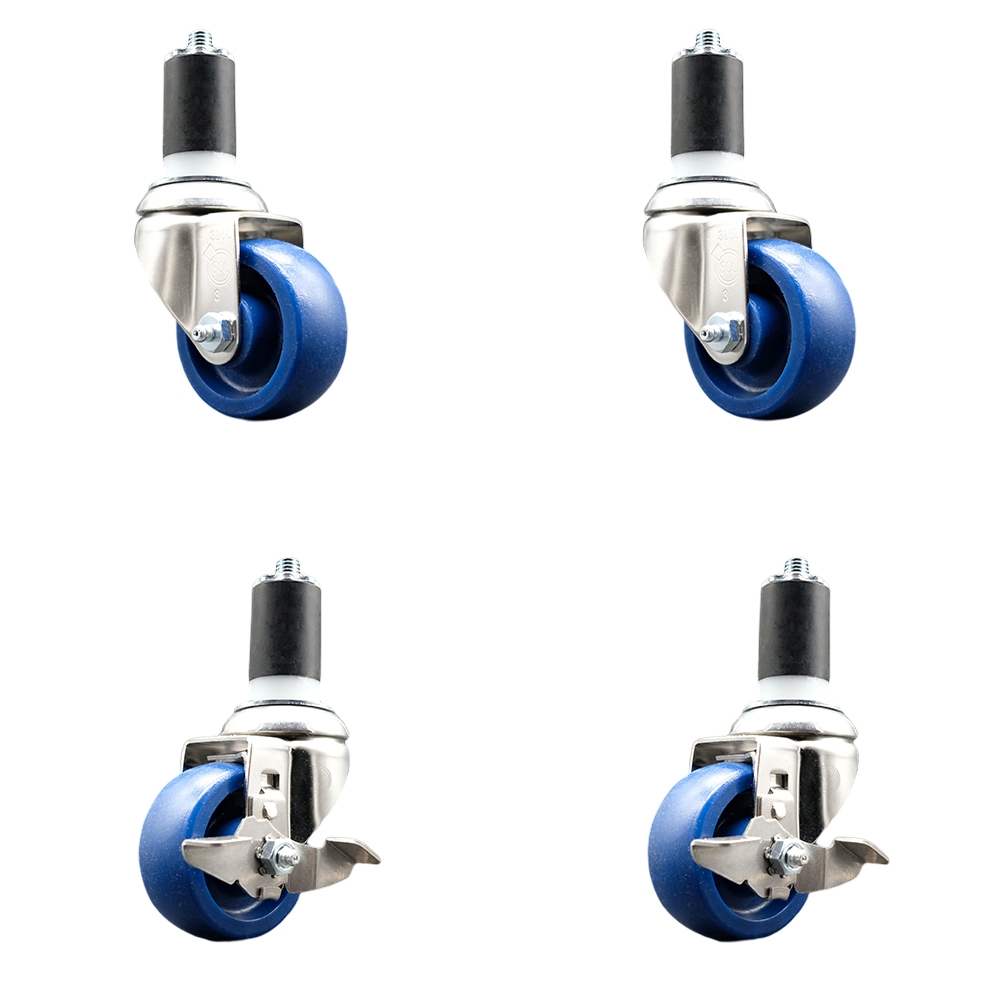 Solid Poly Swivel Stem Caster with 3.5 in. Blue Caster Wheels, 1.5 in. Expanding Stems - 316 Stainless Steel Casters - Set of 4