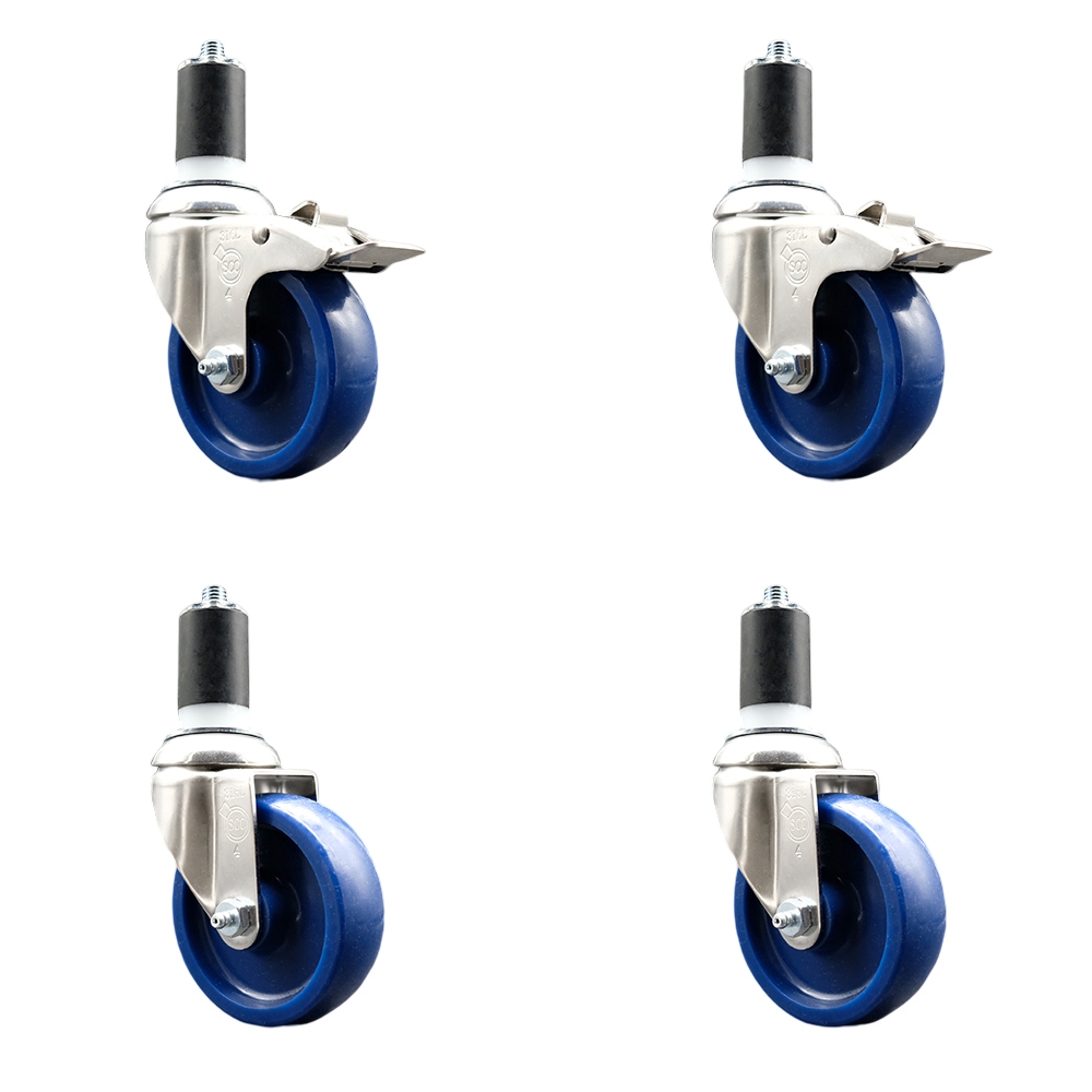 Solid Poly Swivel Stem Caster with 4 in. Blue Caster Wheels, 1.5 in. Expanding Stem - 316 Stainless Steel Casters - Set of 4
