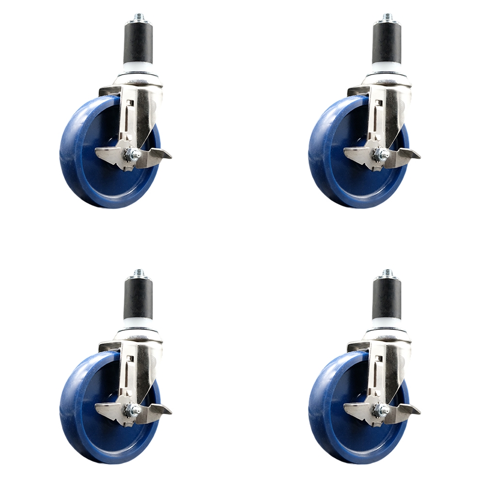 Solid Polyurethane Swivel Stem Caster with 5 in. Blue Caster Wheels, 1.5 in. Expanding Stems - 316 Stainless Steel Casters - Set of 4