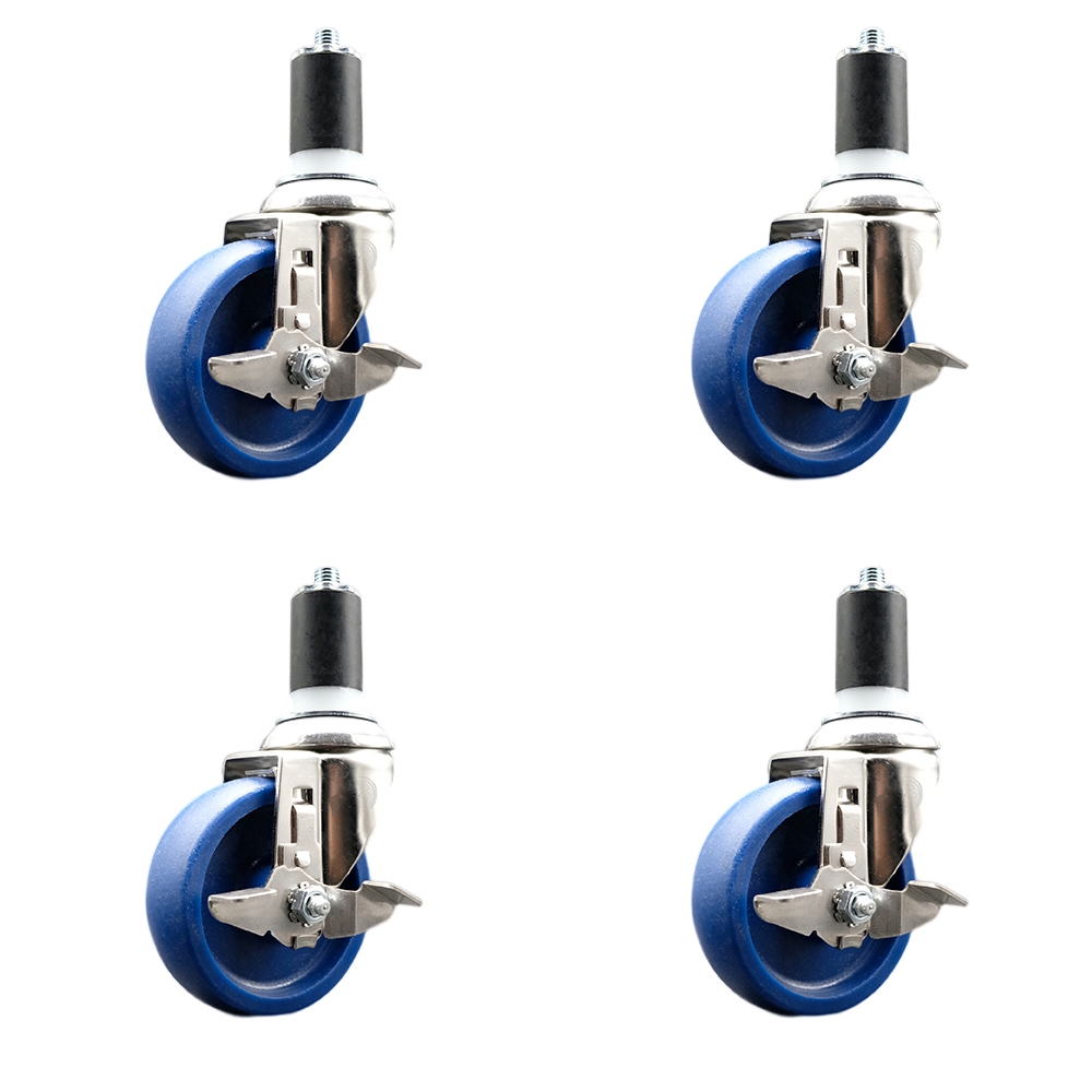 Solid Polyurethane Swivel Stem Caster with 4 in. Blue Caster Wheels, 1.63 in. Expanding Stems - 316 Stainless Steel Casters - Set of 4