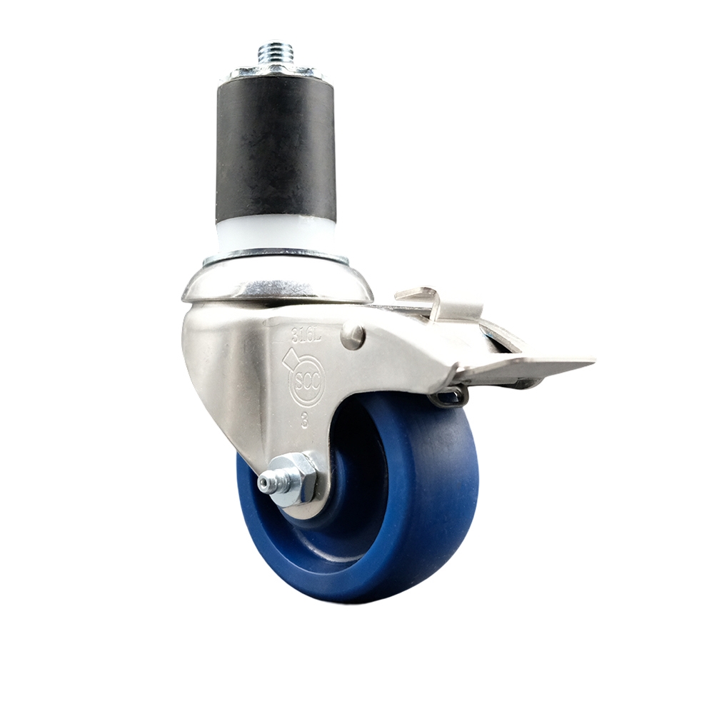 Solid Polyurethane Swivel Stem Caster with 3.5 in. Blue Caster Wheels & Total Lock Brake, 1.75 in. Expanding Stem - 316 Stainless Steel Caster