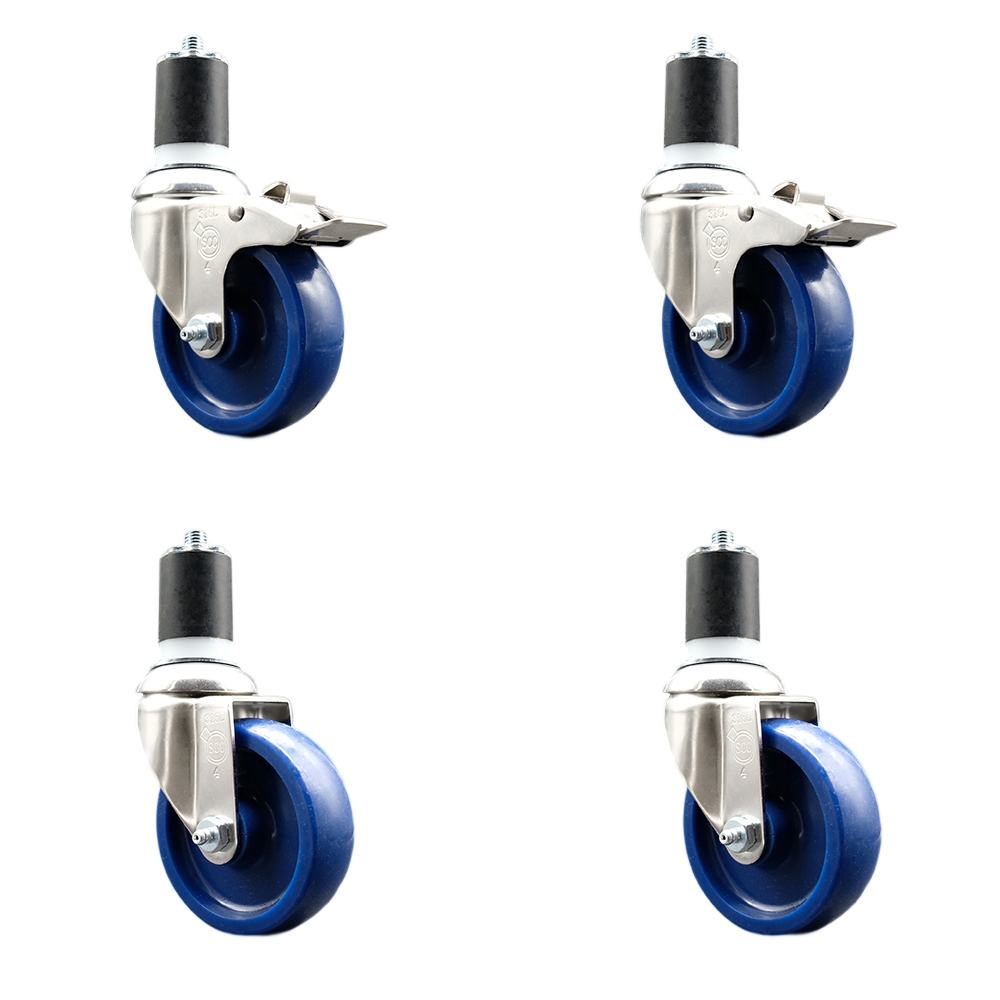 Solid Poly Swivel Stem Caster with 4 in. Blue Caster Wheels, 1.75 in. Expanding Stem - 316 Stainless Steel Casters - Set of 4