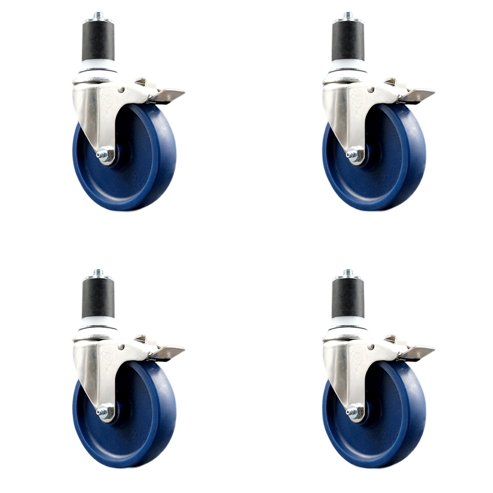 Solid Polyurethane Swivel Stem Caster with 5 in. Blue Caster Wheels, 1.75 in. Expanding Stems - 316 Stainless Steel Casters - Set of 4