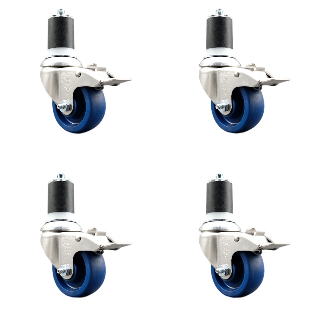 Solid Polyurethane Swivel Stem Caster with 3.5 in. Blue Caster Wheels, 1.87 in. Expanding Stems - 316 Stainless Steel Casters - Set of 4