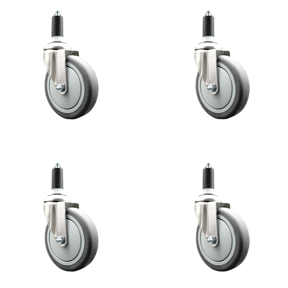 Thermoplastic Rubber Swivel Stem Caster with 5 in. Gray Caster Wheels, 1.25 in. Expanding Stems - 316 Stainless Steel Casters - Set of 4