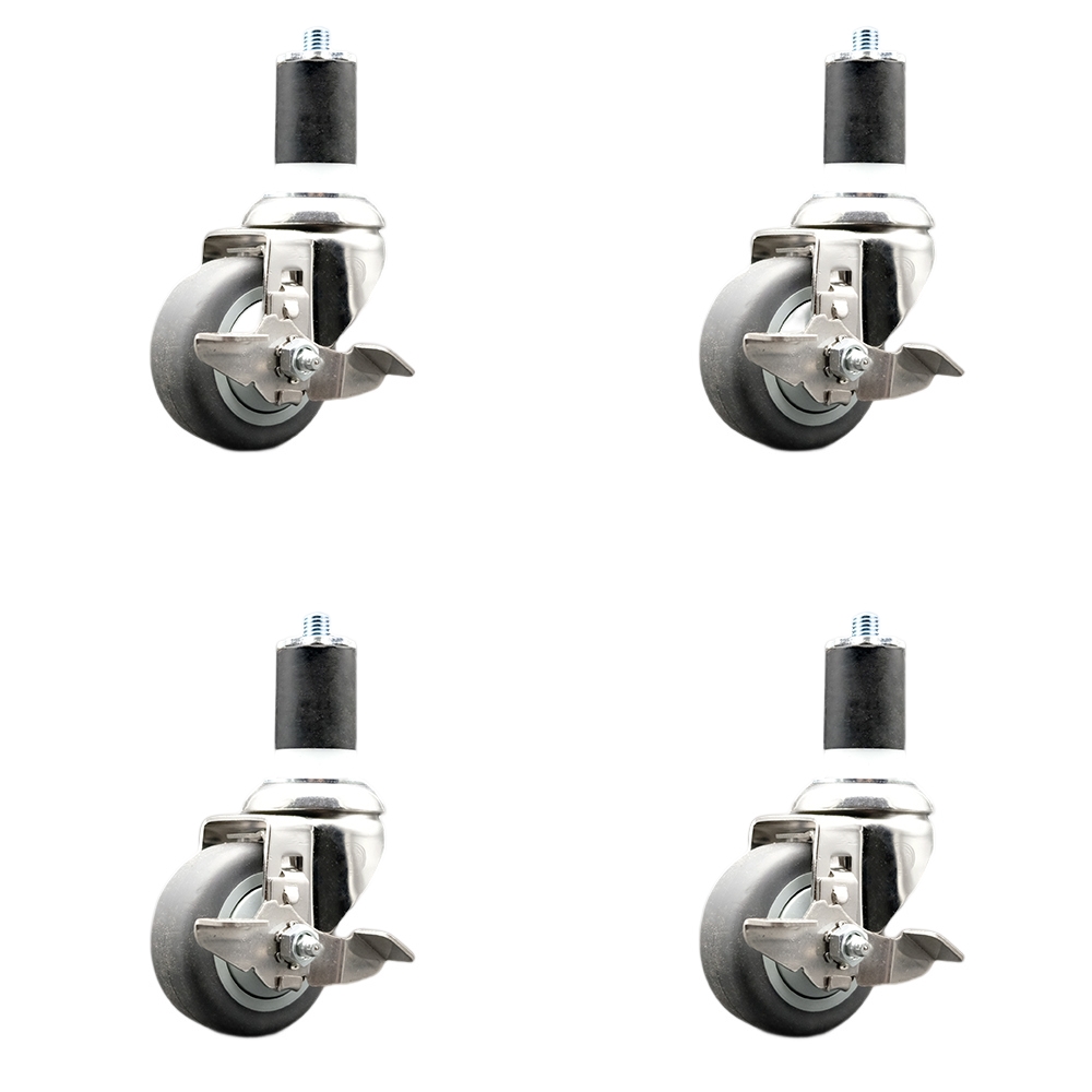 Thermoplastic Rubber Swivel Stem Caster with 3 in. Caster Wheels, 1.75 in. Expanding Stems - 316 Stainless Steel Casters - Set of 4