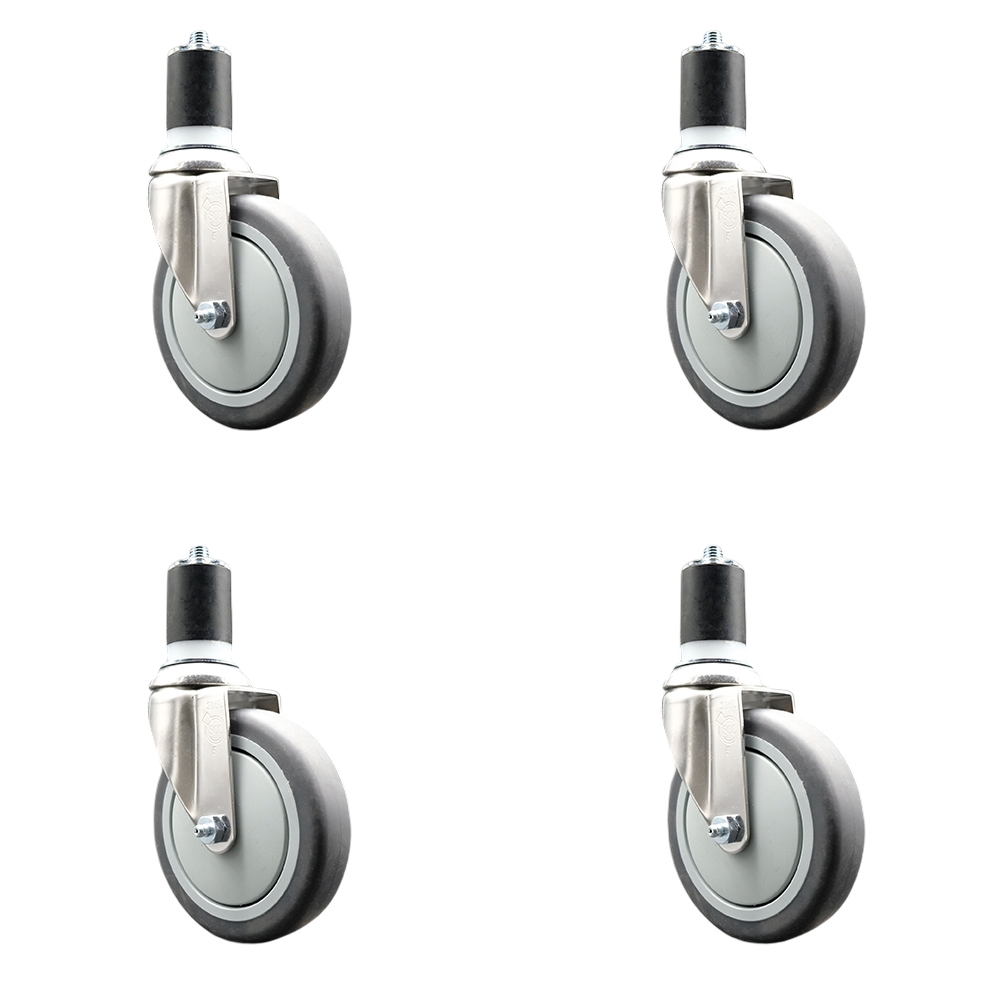 Thermoplastic Rubber Swivel Stem Caster with 5 in. Gray Caster Wheels, 1.75 in. Expanding Stems - 316 Stainless Steel Casters - Set of 4