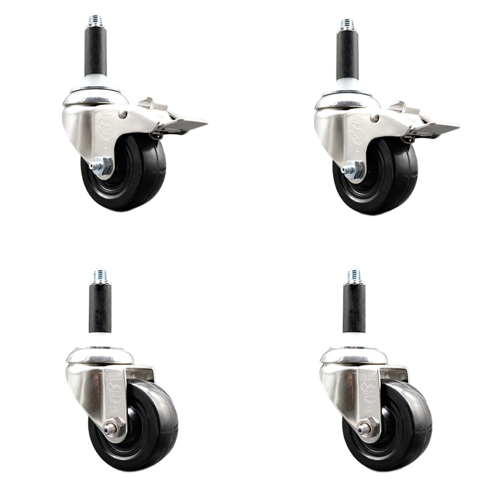 Soft Rubber Swivel Stem Caster with 3.5 in. Caster Wheels 0.75 in. Expanding Stem 316 Stainless Steel Casters - Set of 4