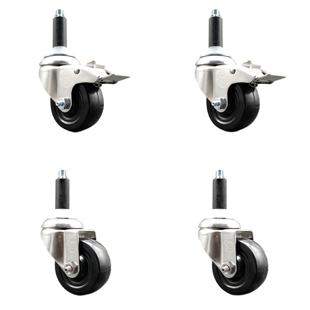 Soft Rubber Swivel Stem Caster with 3 in. Caster Wheels 0.87 in. Expanding Stem 316 Stainless Steel Casters - Set of 4