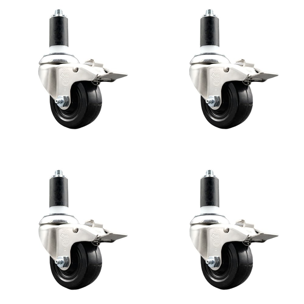 Soft Rubber Swivel Stem Caster with 3 in. Caster Wheels 1.25 in. Expanding Stems 316 Stainless Steel Casters - Set of 4