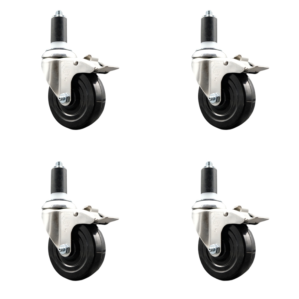 Soft Rubber Swivel Stem Caster with 4 in. Caster Wheels 1.25 in. Expanding Stems 316 Stainless Steel Casters - Set of 4