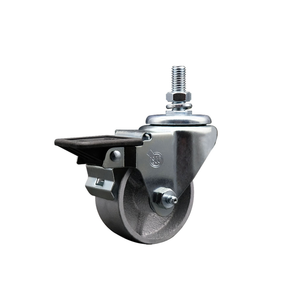 Semi Steel Cast Iron Swivel Threaded Stem Caster with Roller Bearing 3 x 1.25 in. Silver Wheel & 10 mm Stem & Posi Locking Brake