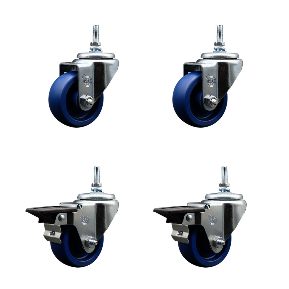 SCC-TS20S314-SPUS-381615-2-PLB-2 Solid Polyurethane Swivel Threaded Stem Caster with 3 x 1.25 in. Blue Wheels & 0.38 in. Stems - Set of 4
