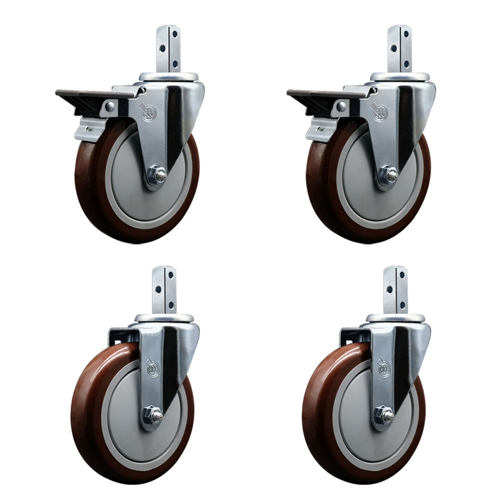 Swivel Square Stem Caster with 5 x 1.25 in. Maroon Poly Wheel, 0.75 x 2 in. Square Stem with 3 0.26 in. Diameter Mounting Holes - Set of 4