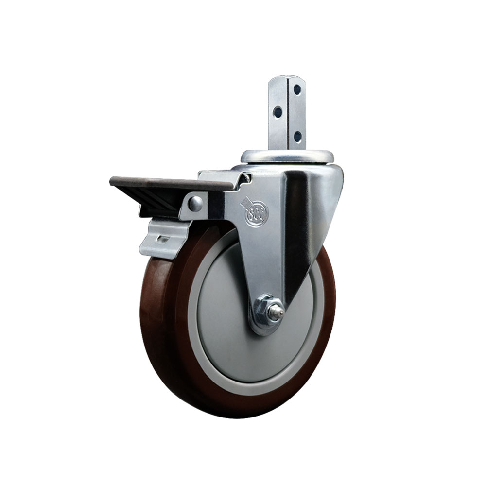 Swivel Square Stem Caster with 5 x 1.25 in. Maroon Polyurethane Wheel, 0.87 x 2 in. Square Stem with 3 0.26 in. Diameter Mounting Holes