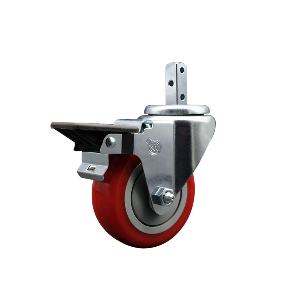 Swivel Square Stem Caster with 3.5 x 1.25 in. Red Polyurethane Wheel, 0.75 x 2 in. Square Stem with 3 0.26 in. Diameter Mounting Holes
