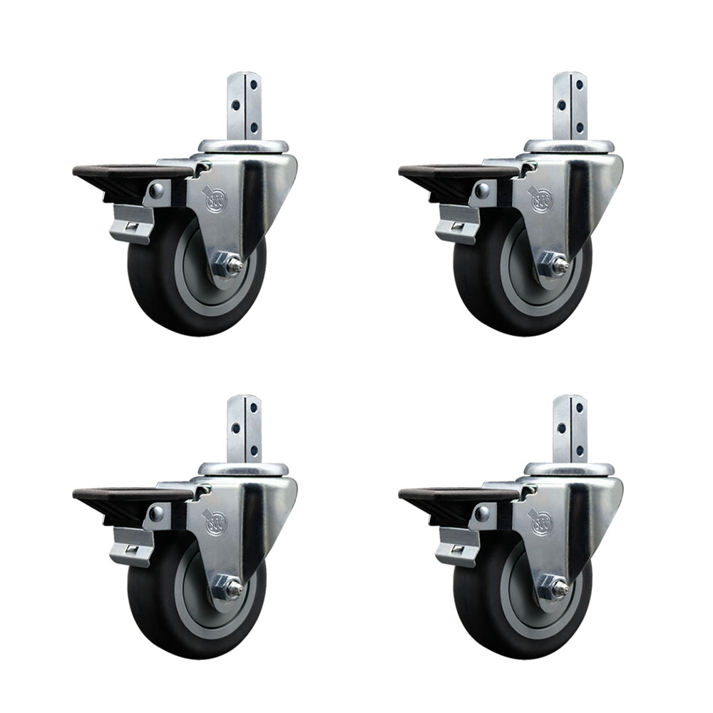 Swivel Square Stem Caster with 3.5 x 1.25 in. Gray Thermoplastic Rubber Wheel, with 3 0.26 in. Diameter Mounting Holes - Set of 4