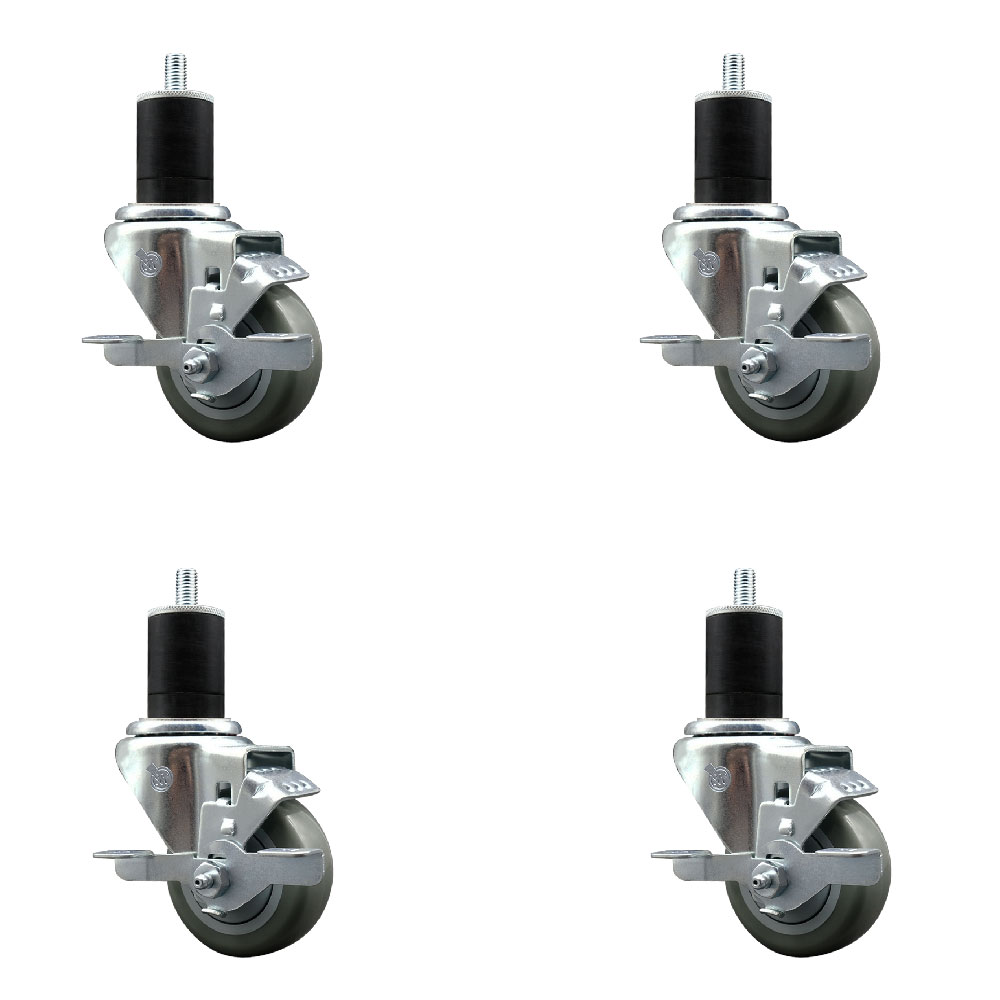 Stainless Steel Polyurethane Swivel Expanding Stem Caster with 3 in. Gray Wheels & 1.75 in. Stems 4 Swivel with Top Locking Brakes - Set of 4