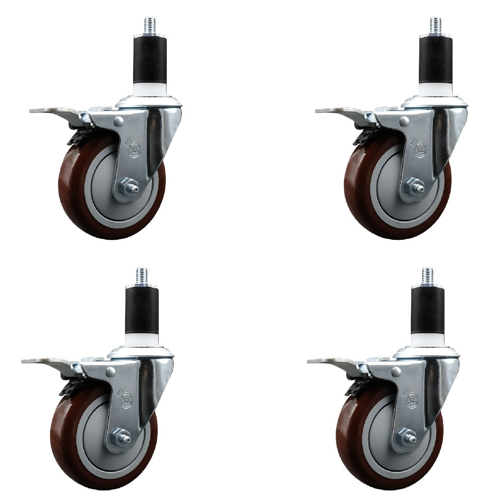 Stainless Steel Polyurethane Swivel Expanding Stem Caster with 4 in. Maroon Wheels & 1.5 in. Stems 4 Swivel - Set of 4