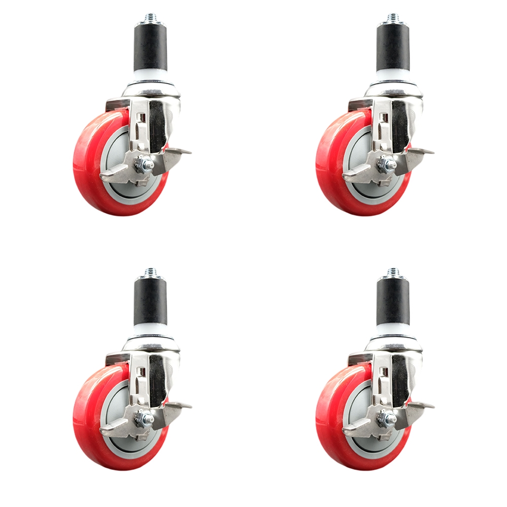 Polyurethane Swivel Stem Caster with 4 in. Red Caster Wheels, 1.5 in. Expanding Stems - 316 Stainless Steel Casters - Set of 4