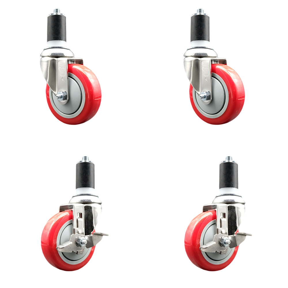 Polyurethane Swivel Stem Caster with 4 in. Red Caster Wheels, 1.63 in. Expanding Stems - 316 Stainless Steel Casters - Set of 4